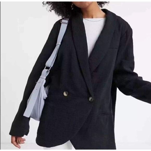 Free People Cotton Blazer Jacket Black S Gauzy Oversized Double Button $168 - Picture 2 of 4